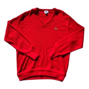 Vintage 80’s 90’s Lacoste Red Wool Knit V Neck Sweater
